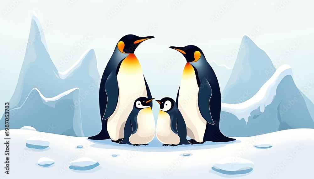 Obraz premium Emperor penguin family with two chicks stand on ice floes. Adults and young birds in icy landscape with snow mountains. Cute wild animals in polar region.