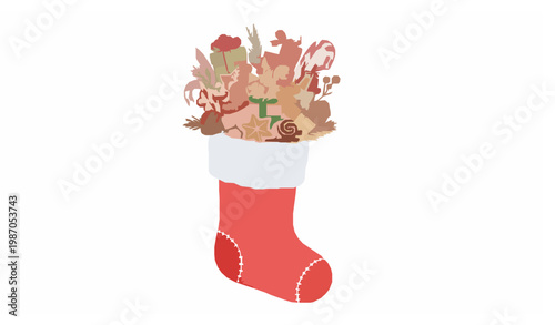 Christmas stocking watercolor vector illustration filled with gifts candy and sweets festive design