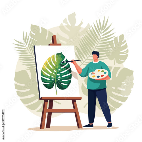 Artist painting a large green monstera leaf on canvas easel with palette and brush