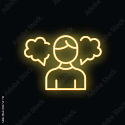 Yellow neon icon of a man deciding between two speech bubbles, symbolizing a difficult decision