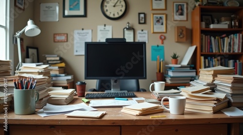 Escritorio de oficina con objetos colocados al azar y desorden visual, antes de la optimización