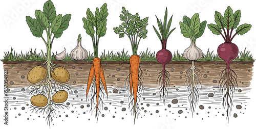 Root Vegetable Growth Cycle Vector Illustration Showing Potato, Carrot, Beet, Garlic, and Onion Developing Underground in Soil for Gardening and Educational Botanical Designs