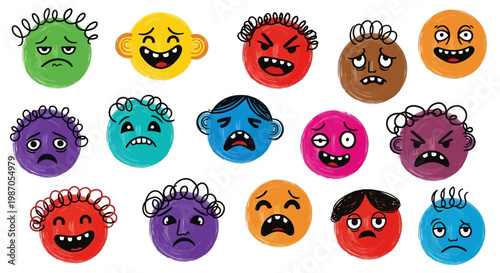 Colorful cartoon virus faces emotions.