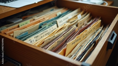Cajón abierto con carpetas desorganizadas y etiquetas mezcladas, almacenamiento caótico, antes de archivar