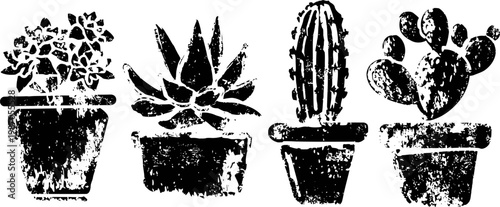 Four distressed black silhouette cactus and succulent plants in pots, rustic vintage botanical design