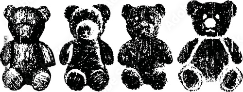 Four vintage plush bears sitting in a row with textured fabric and stitched details