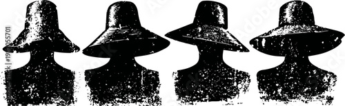 four silhouetted figures wearing wide brimmed hats standing in a row with shadowed faces