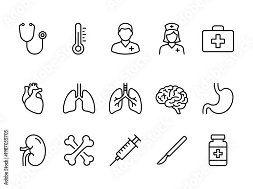 Medical and healthcare icon set including human organs surgical tools and professional medical staff symbols with healthcare hospital medicine stethoscope thermometer professional treatment