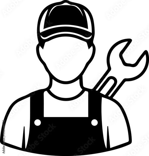 Black and white illustration of a faceless worker with a wrench
