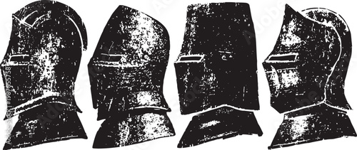 Medieval knight helmets vintage illustrations four side views of aged armored helmets with visors