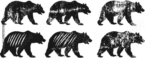 Black bear silhouette set grizzly bear with stripes and textured patterns wildlife animal icons and symbols collection