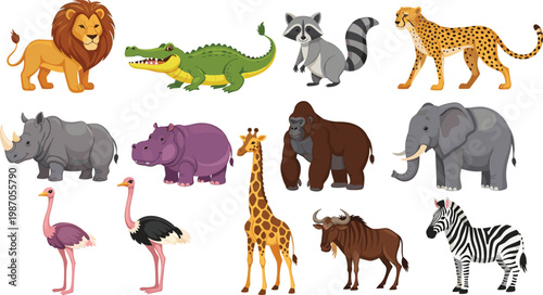 African Safari Animals Collection Set with Lion, Elephant, Giraffe, Zebra, Rhino, Crocodile, and Exotic Wildlife for Educational and Nature Illustration