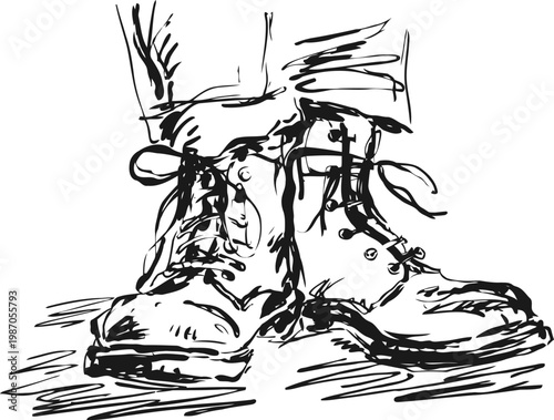 worn leather boots with untied laces sketch vintage footwear illustration in dynamic line art