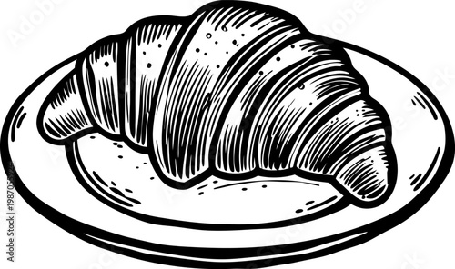 Croissant on plate illustration hand drawn baked pastry, french breakfast food, traditional bakery treat