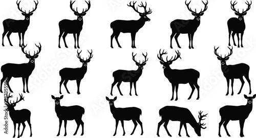 Black Silhouette Deer Set with Various Poses and Antler Designs for Wildlife and Nature Illustrations