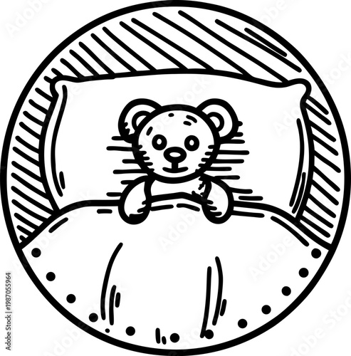plush bear lying in bed under blanket with pillow, cozy bedtime comfort and sleep concept