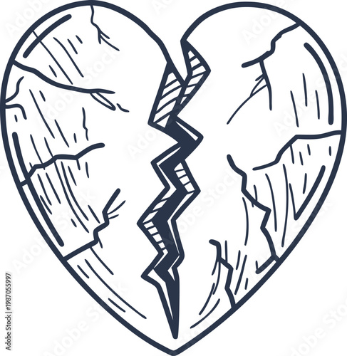 Broken heart outline symbol with cracks and jagged tear in center, love and sadness concept