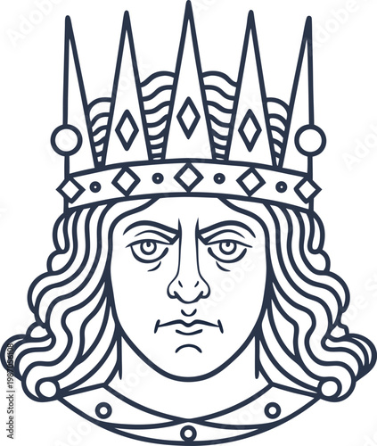 Illustration of a medieval king with a crown and long wavy hair, royal face expression