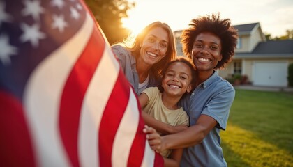 Diverse family with child smiles near US flag at sunny backyard. Parents and kid share joy and love, showing unity and patriotism. Home warmth and connection.