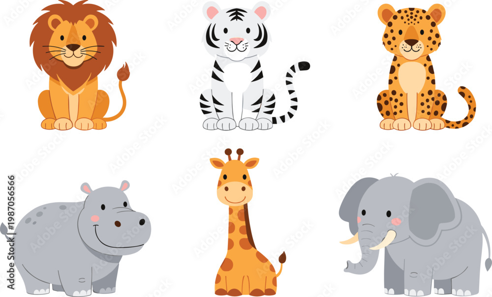 Obraz premium Cartoon Animal Set Featuring Lion, Tiger, Leopard, Giraffe, Elephant, and Hippo for Kids' Educational and Fun Designs