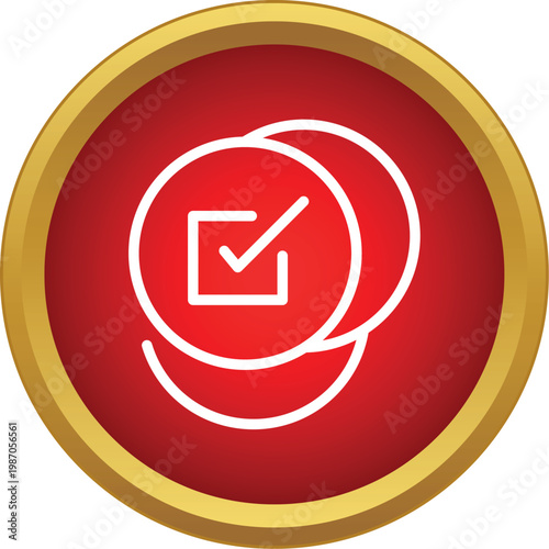Red circle icon with gold border featuring a white check mark in a box