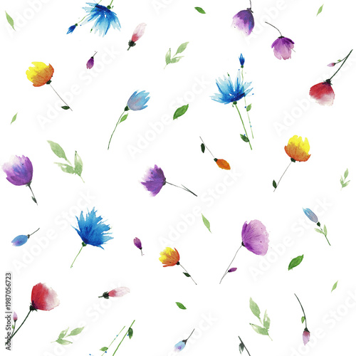 Minimal seamless floral pattern with scattered flowers on white background