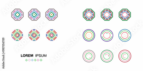 Colorful geometric patterns arranged in rows with text at the bottom