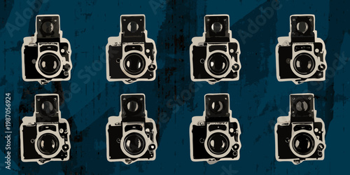 A repeating pattern of vintage twin lens reflex cameras on blue