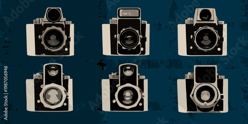 A collection of vintage cameras displayed on a textured blue background