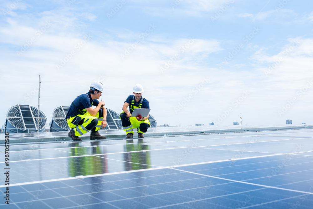 Naklejka premium Engineers working on solar panels with laptop on rooftop, renewable energy system installation and maintenance, technicians analyzing photovoltaic data, sustainable energy clean power technology.