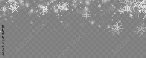 Snowfall effect with floating white flakes. Transparent background for flexible editing. Ideal festive winter design element.