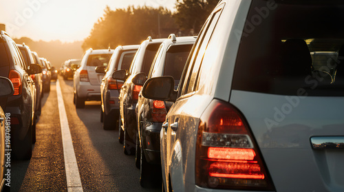 Highway traffic jam with multiple vehicles in line during sunset, showcasing brake lights and reflections on car surfaces, creating a dynamic urban scene
