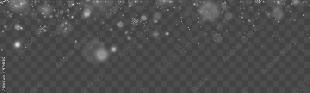 Fototapeta premium Snowflakes drifting softly on transparent winter background. Subtle glow adds depth and mood. Ideal seasonal decorative element.