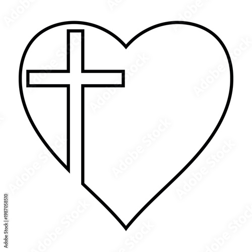 Christian cross heart outline, religious faith love spiritual symbol