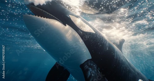 Underwater view of a group of orcas swimming closely together in the ocean.