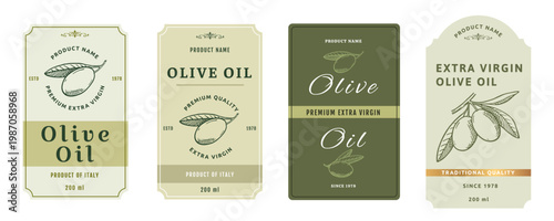 Set 4 of olive oil labels isolated on white background. Healthy vegetarian organic food. Vector Illustration. 
