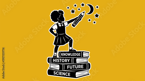 African Child Reaches for Stars with Pencil atop Knowledge Books