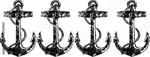 Four vintage nautical anchors in a row with textured distressed black design