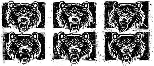 vintage grunge bear head illustrations in black and white with aggressive expression