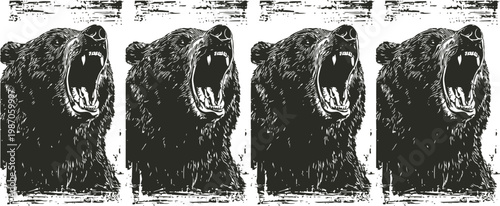 Roaring brown bear head set, wild animal aggressive expression, open mouth and sharp teeth