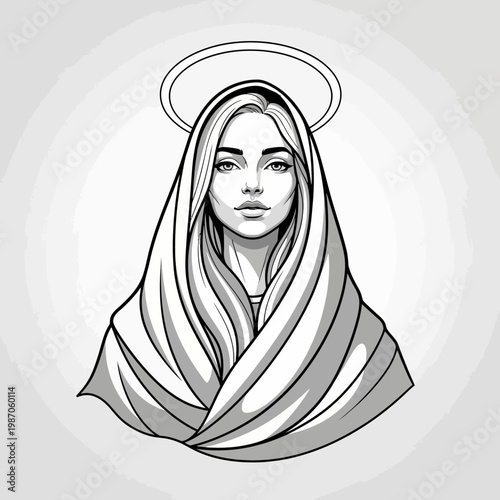 Portrait of a Young Woman with Halo, Religious Symbolism, Black and White Illustration