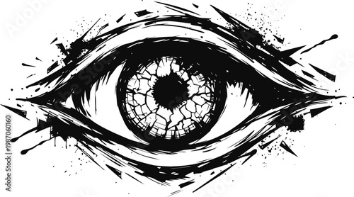 Black cracked eye illustration with splatter effect abstract grunge eyeball art design