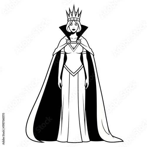 Regal Queen Character, Elegant Gown, Royal Crown, and Flowing Cape Illustration