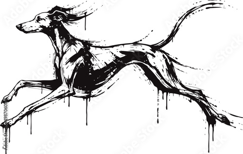 Stylized illustration of a slender greyhound dog in mid leap with artistic ink drip accents