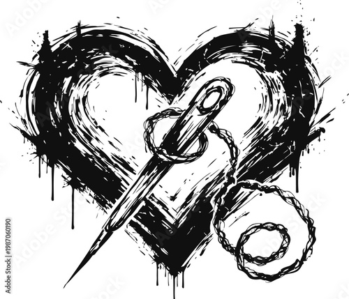 Grunge heart with sewing needle and thread love, tattoo style, creative fashion and needlework symbol