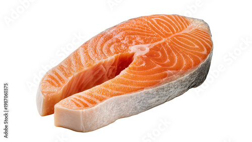 Thick raw salmon steak with orange flesh and white fat marbling, isolated on transparent background