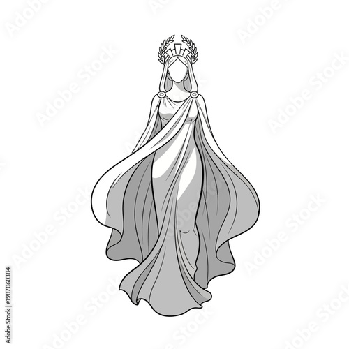 Ancient Greek Goddess Illustration - Laureled Woman in Flowing Robes, Classical Art Style