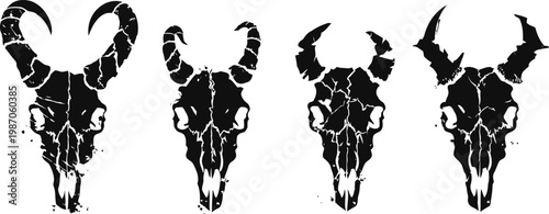black animal skull silhouettes with cracked texture isolated on white background