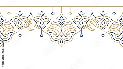 Islamic Geometric Ornament with Stars, Blue and Gold Arabesque Pattern, Abstract Symbolism