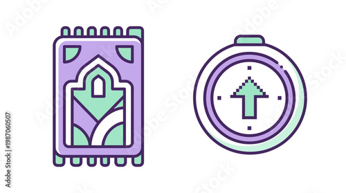 Islamic Prayer Mat & Qibla Compass - Abstract Geometric Pattern, Purple & Teal Tones, Clean Iconography